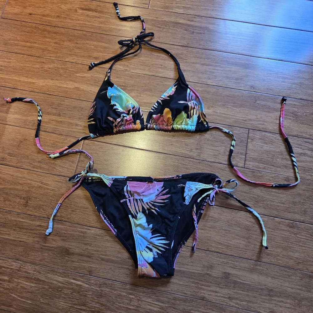 Tropical Floral String Bikini Set Black Multicolor Triangle Top Tie Side Bottoms
